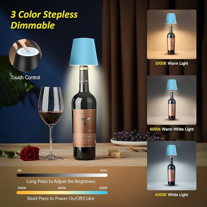 2025 New Wireless Bottle Lamp - LED Bottle Lights for Liquor & Wine Bottles, Cordless Lampshade, Whiskey Bottle Top Light, Bottle Stopper Night Light Kit, Rechargeable 3-Tone Touch-Dimmable - Bloomnest