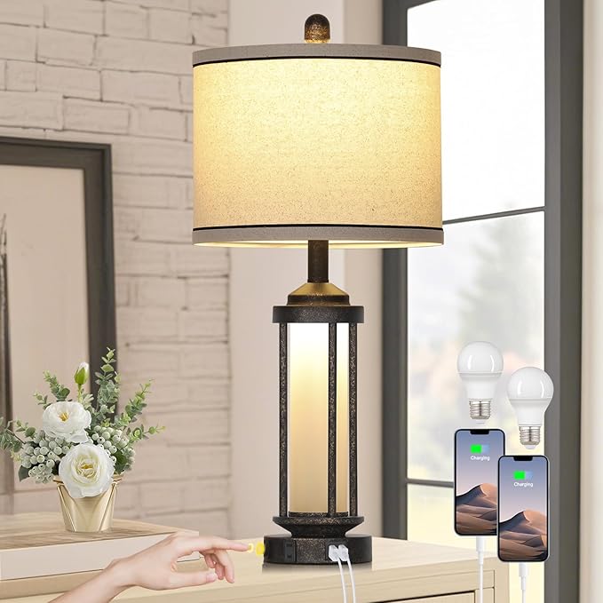 27" Industrial Farmhouse Table Lamp, Vintage Rustic Beside Lamp with USB A+C Charging Ports & AC Outlet, Modern Single Table Lamp with Frosted Glass Night Light for Bedrooms Nightstand Bronze - Bloomnest