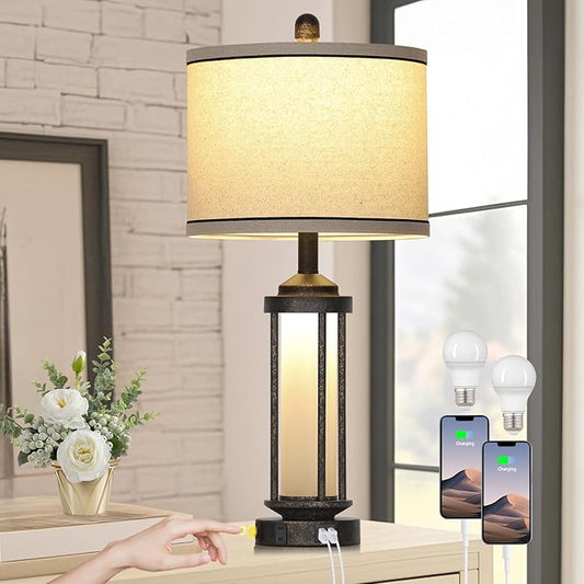 27" Industrial Farmhouse Table Lamp, Vintage Rustic Beside Lamp with USB A+C Charging Ports & AC Outlet, Modern Single Table Lamp with Frosted Glass Night Light for Bedrooms Nightstand Bronze - Bloomnest