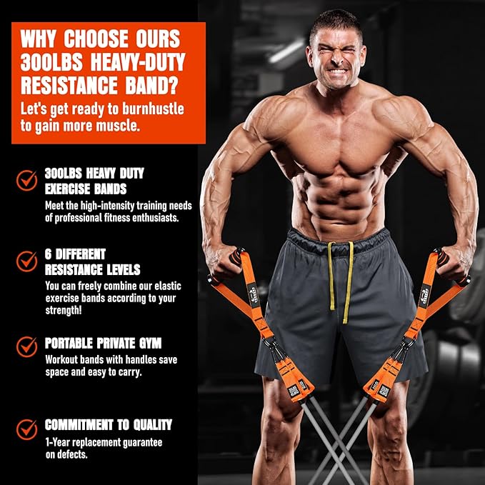 Heavy Resistance Bands for Working Out, 300LBS Exercise Bands with Handles, Workout Bands for Men, Weight Fitness Bands Set for Muscle Training, Strength, Slim, Yoga, Home Gym Equipment - Bloomnest