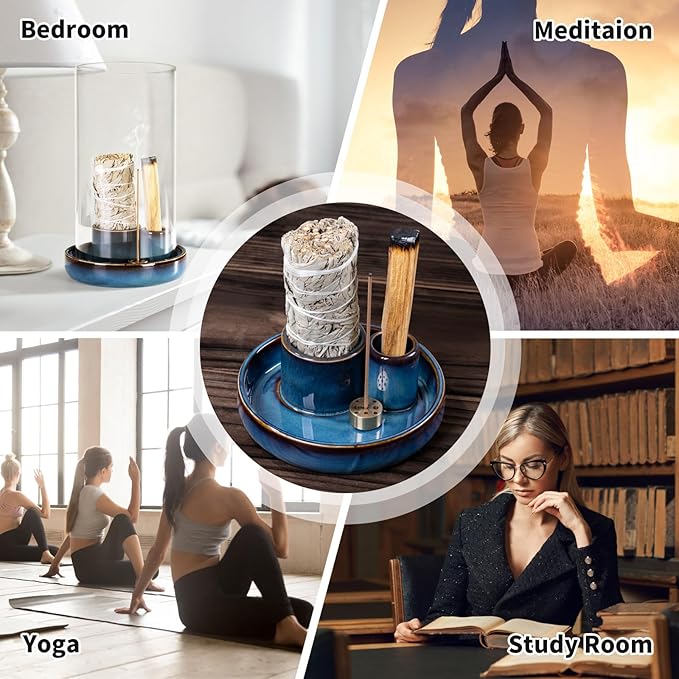 Incense Holder for Sticks with Glass Ash Catcher, Anti-Ash Flying, 4 in 1 Incense Burner Palo Santo Holder Insence-Stick Holder and Candle Holder for Burning Sage and Sticks for Burning - Bloomnest