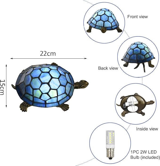 A0020 Turtle Tiffany Style Accent Table Lamp Handmade Stained Glass Animal Night Light for Bedside Livingroom Bedroom Home Decoration (Blue Turtle) - Bloomnest