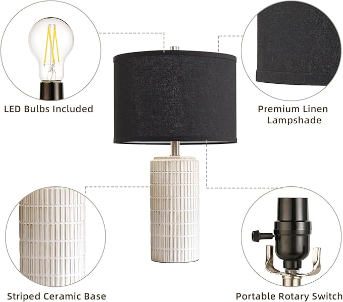 23'' Set of 2 Modern Ceramic Table Lamps, Minimalist Bedside Lamp, Rustic Nightstand End Table Lamp for Bedroom, Living Room, Study Room, Office, 2 LED Bulbs Included (Black) - Bloomnest