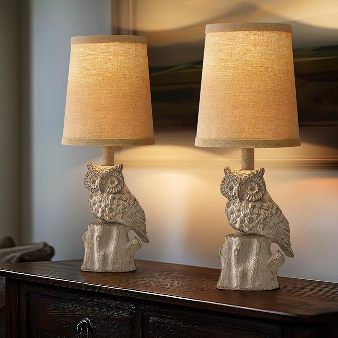 14.25" Small Table Lamps Set of 2 Owl Lamps for Home Decor Rustic Farmhouse Vintage Bedside Table Resin Retro Nightstand, White - Bloomnest