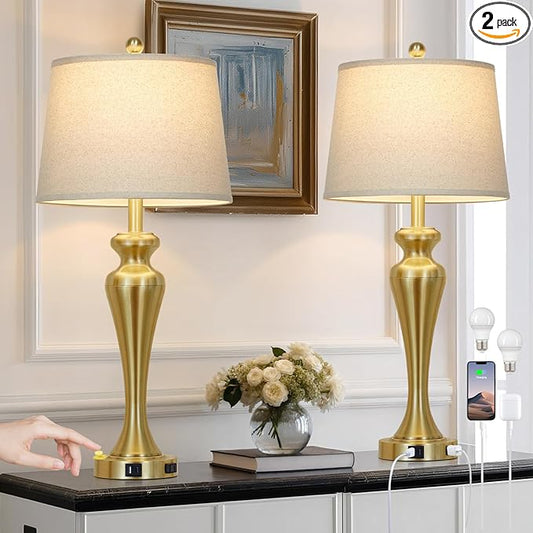 30" Gold Tall Table Lamps for Living Room, Touch Control Bedroom Lamp with USB A+C Ports and AC Outlet, 3-Way Dimmable Bedside Table Lamps Set of 2, Modern Metal Lamp for Nightstand - Bloomnest