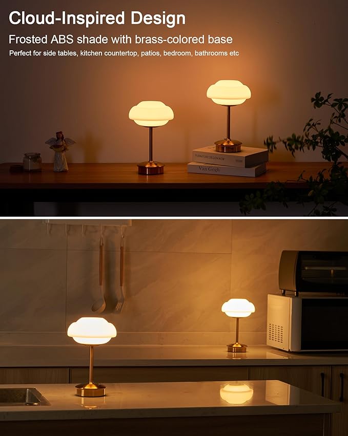 9" Mini Cordless Table Lamp with Cloud-Shaped, Small Rechargeable Battery Operated Lamps, 3-Way Touch Dimmer, Portable Brass Bedside Night Light for Restaurant Dining Kitchen Bathroom Patio Side Table - Bloomnest
