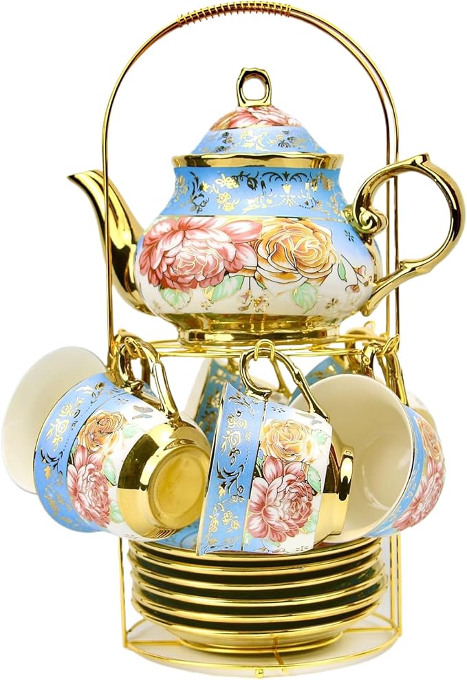 20 Pieces Porcelain Tea Set With Metal Holder, European Ceramic tea set for adults,Flower Tea Set,Tea Set For Women With Flower Painting - Bloomnest
