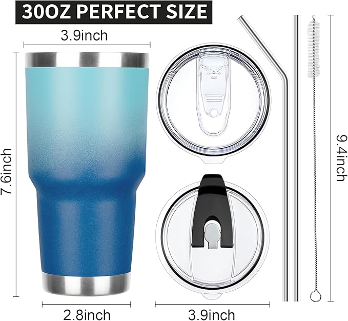 30 oz Tumbler with Lids and Straws Double Wall Vacuum Insulated Tumbler Cup,Stainless Steel Leak-proof Thermal Tumbler Travel Coffee Mug for Cold and Hot Drinks,Gradient Blue - Bloomnest