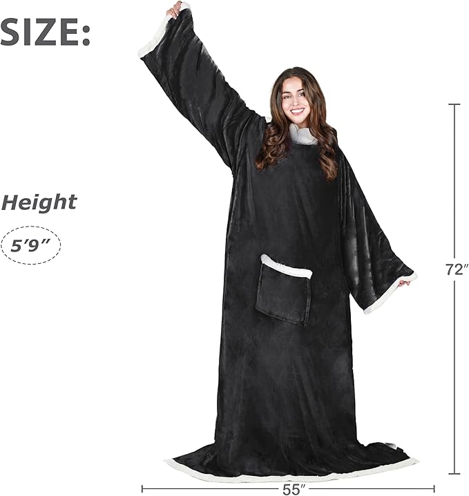 Tirrinia Sherpa Wearable Blanket With Sleeves, Full Body Throw Reading Wrap TV Blankets - Bloomnest