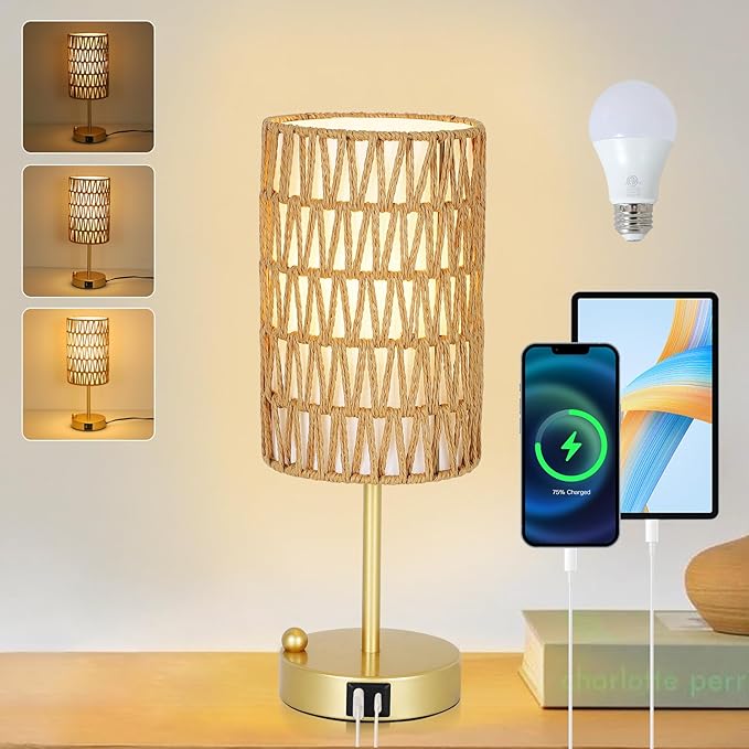 Gold Table Lamp for Bedroom with Bulb, Small Touch Control Table Lamp for Living Room with Rattan & Linen Shade, 3 Way Dimmable Bedside Lamp for Nightstand with USB Charging Port & Phone Stand - Bloomnest