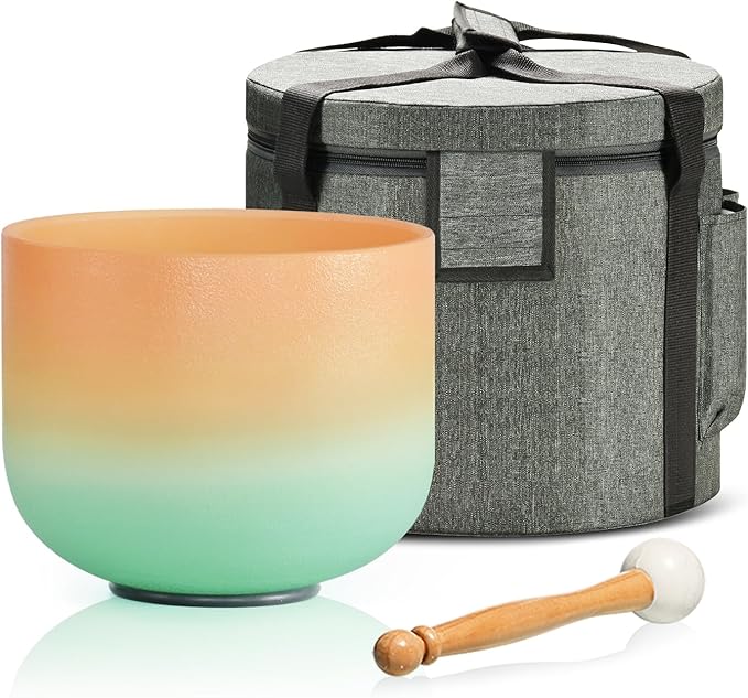 432HZ 8 Inch C Note Root Chakra Desert Sunset Colored Frosted Quartz Crystal Singing Bowl Meditation Therapy Sound Healing Bowl with Carrying Case and Rubber Mallet O-ring - Bloomnest