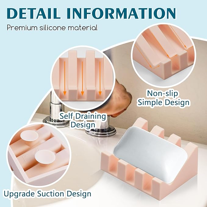 Silicone Soap Dish with Drain, Upgrade Double Suction Cups at The Bottom for Anti-Slip and Stability, Soap Dish Shower Waterfall Bar Soap Holder Tray with Drain Soap Holder (2, Pink) - Bloomnest