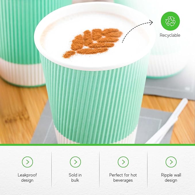 Restaurantware 12 Ounce Ripple Wall Disposable Coffee Cups, 500 Insulated Midnight Light Green Paper Tumblers with Rolled Rim Design, Lids Sold Separately for Hot Drinks like Tea, Hot Chocolate - Bloomnest