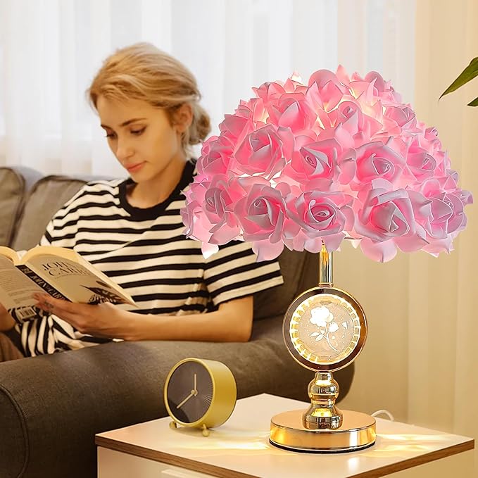 Pink Rose Flower Lamp Princess Bedside Lamp Modern Gold Table Lamp Nightstand Flower Light Cute Desk Lamp for Teen Girl Romantic Bedroom Wedding Deco Valentines Mother's Day Living Room - Bloomnest