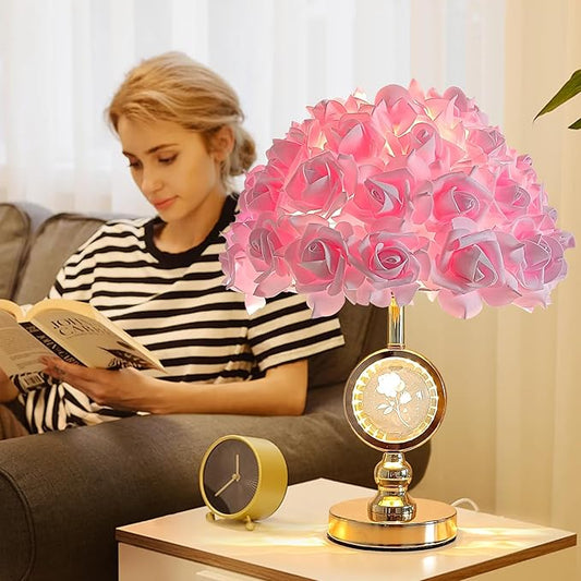 Pink Rose Flower Lamp Princess Bedside Lamp Modern Gold Table Lamp Nightstand Flower Light Cute Desk Lamp for Teen Girl Romantic Bedroom Wedding Deco Valentines Mother's Day Living Room - Bloomnest