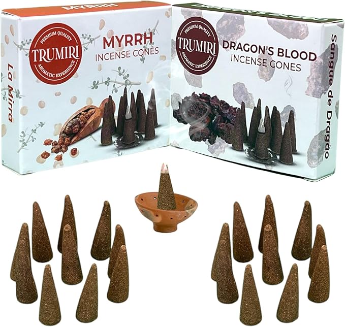 TRUMIRI Incense Cones - Combo Pack of 20 Cone Incense - 10 Myrrh + 10 Dragons Blood - Insence Cones - Incense Cones Scented - Cone Incense Scents - Insense Cones - Incent Cone TRUMIRI