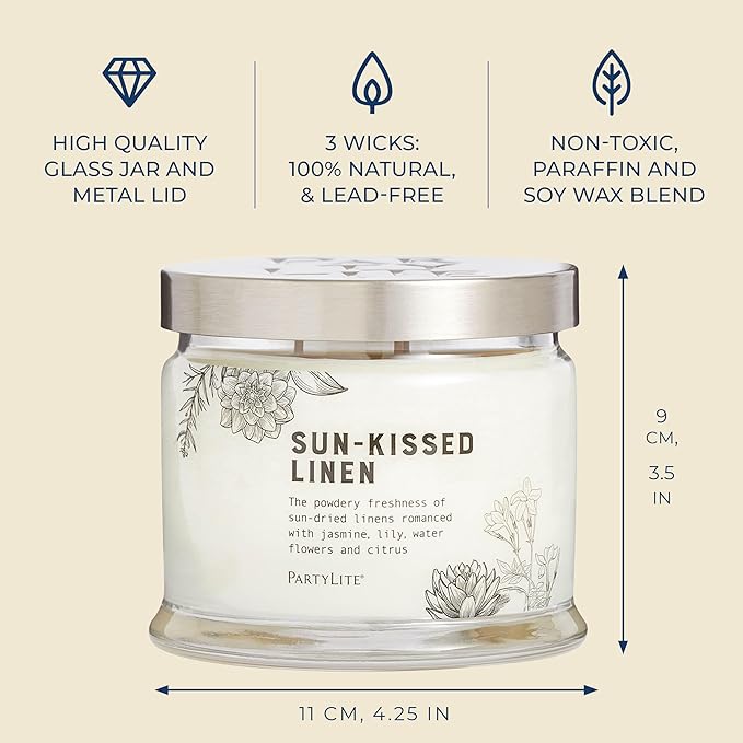 PartyLite Sun-Kissed Linen Scented, Notes of Jasmine Musk, Lily & Citrus, 13.2oz 3-Wick Jar Candle, 45 Hour Burn Time, Luxurious Fragrance, Ideal for Gifting - Bloomnest