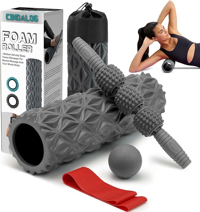 5 in 1 Foam Roller Set - Trigger Point Foam Back Roller, Muscle Roller Stick, Massage Ball, Stretching Band for Deep Muscle Massage Pilates Yoga,Fitness Exercise for Whole Body Release - Bloomnest