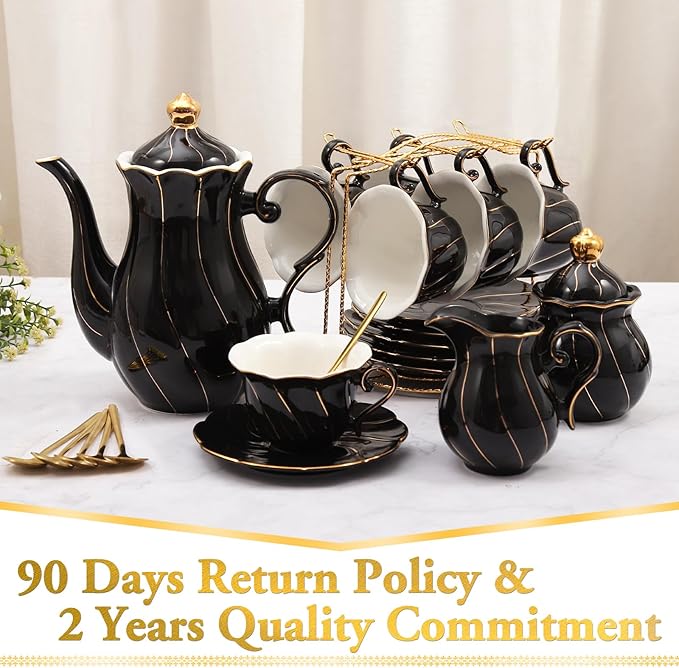 DUJUST 22 pcs Porcelain Tea Set for 6, Luxury British Style Tea/Coffee Cup Set with Golden Trim, Beautiful Tea Set for Women, Tea Party Set, Gift Package (Including a Stand) - Black - Bloomnest