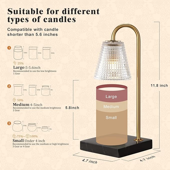 Hong-in Modern Gold Candle Warmer Lamp with Black Marble Base, Glass Shade Electric Candle Melter for Scented Candles, Stylish Home Kitchen Decor & Gift for Women