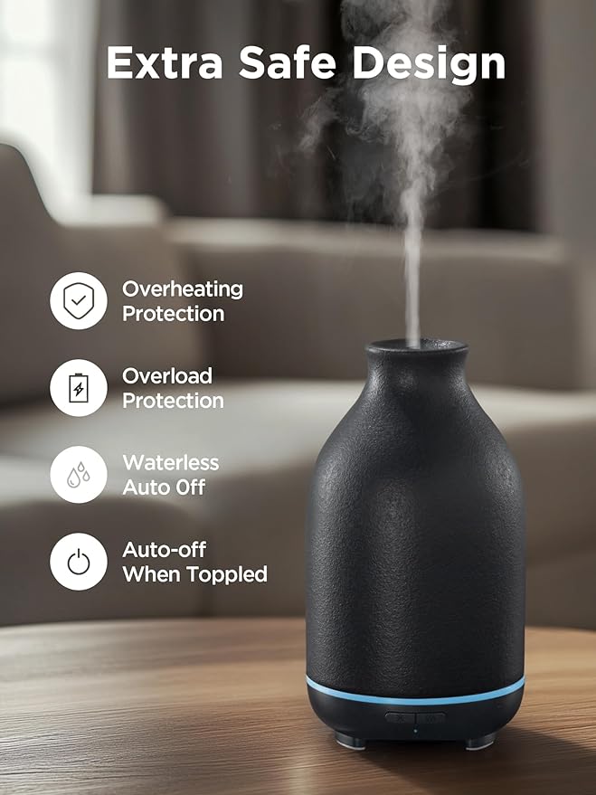 InnoGear Essential Oil Diffuser, 150ml Ceramic Stone Diffuser Handcrafted Aromatherapy Diffusers Ultrasonic Cool Mist Humidifier Vaporizor with 2 Mist Modes Waterless Auto Off for Room Office, Black - Bloomnest