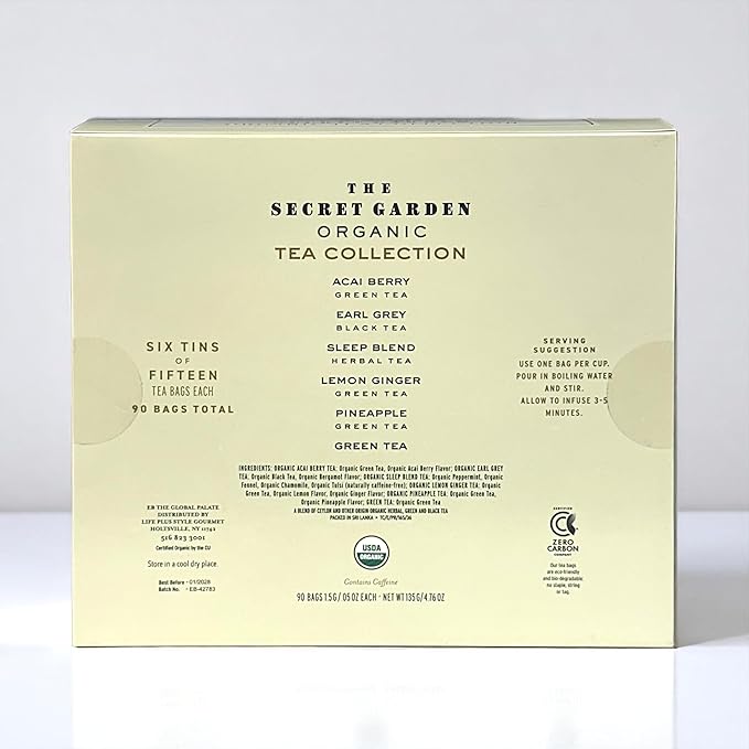 Organic Tea Sampler Gift Set 90 Bags in 6 Designer Tins Premium Assorted Flavors: Acai Berry, Earl Grey, Sleep Herbal, Lemon Ginger, Pineapple, Green Tea - Bloomnest