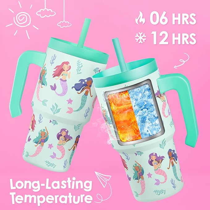 Mermaid Tumbler 20oz with Handle and Silicone Straw Lid for Kid, Insulated Stainless Steel Cup, Gift for Kids Girls, Gifts Idea for Birthday Christmas Back to School - Bloomnest