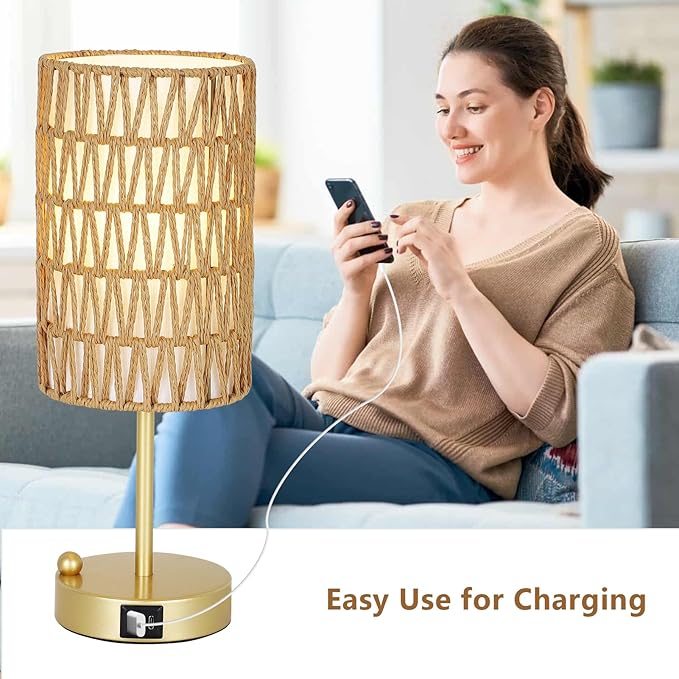 Gold Bedside Lamps Set of 2, Touch Control Night Stand Lamp for Bedroom with Rattan & Linen Shade & Bulbs, 3 Way Dimmable Small Boho Table Lamps with USB Charging Port & Phone Stand - Bloomnest