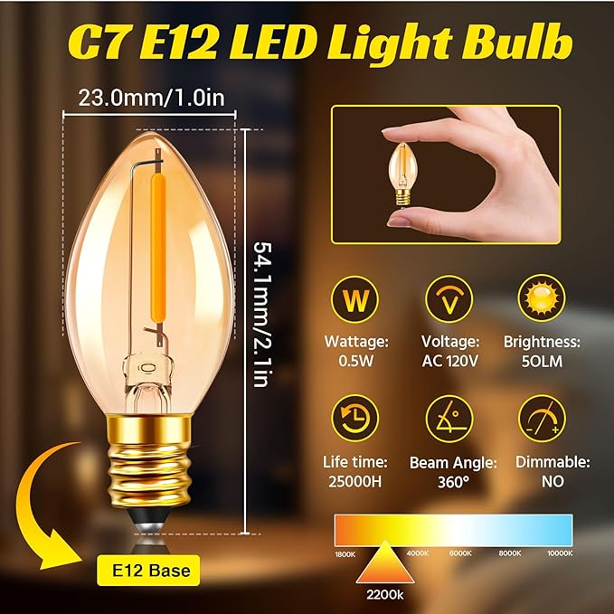 C7 LED Bulb 0.5W Equivalent 5W 7W Candle Bulbs Night Light Bulbs Amber Candelabra Bulb E12 Base Warm White 2200K Small Bulbs for String Light Salt Lamp Chandelier Christmas Decorative (Pack of 5) - Bloomnest