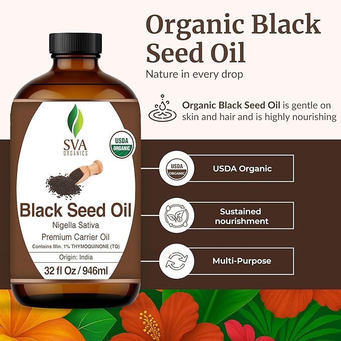 SVA Black Seed Oil Organic - 32 Fl Oz – 100% Natural Cold Pressed Organic Black Seed Oil - for Face, Skin Care, Hair Care, Scalp Massage & Body Massage – Carrier Oil - Bloomnest