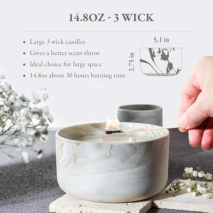 Vanilla Caramel Soy Candle, 14.8oz Soy Wax, 3 Wicks, Long-Lasting with Heat-Resistant Ceramic Jar, Soy Candles for Home Scented, Large Candle Gift for Womens at Living rooms Bedrooms Bathrooms Offices - Bloomnest