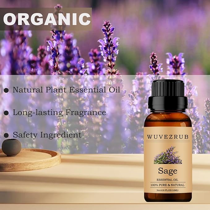 Sage Essential Oils 10ML, 100% Pure and Natural Essential Oil for Aromatherapy Diffuser - 0.33 Fl Oz/Sage WUVEZRUB