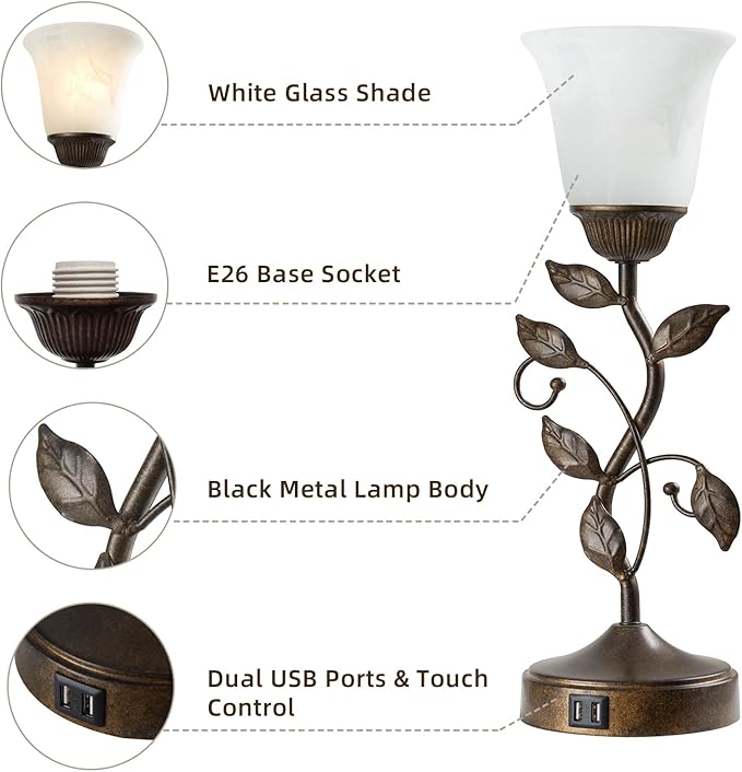 RORIANO Touch Bedside Table Lamp, Vintage Nightstand Lamp with 2 USB Ports for Living Room, 3 Way Dimmable Leaf Lamp Retro Table Lamp for Bedroom with White Glass Shade, LED Bulb Included - Bloomnest