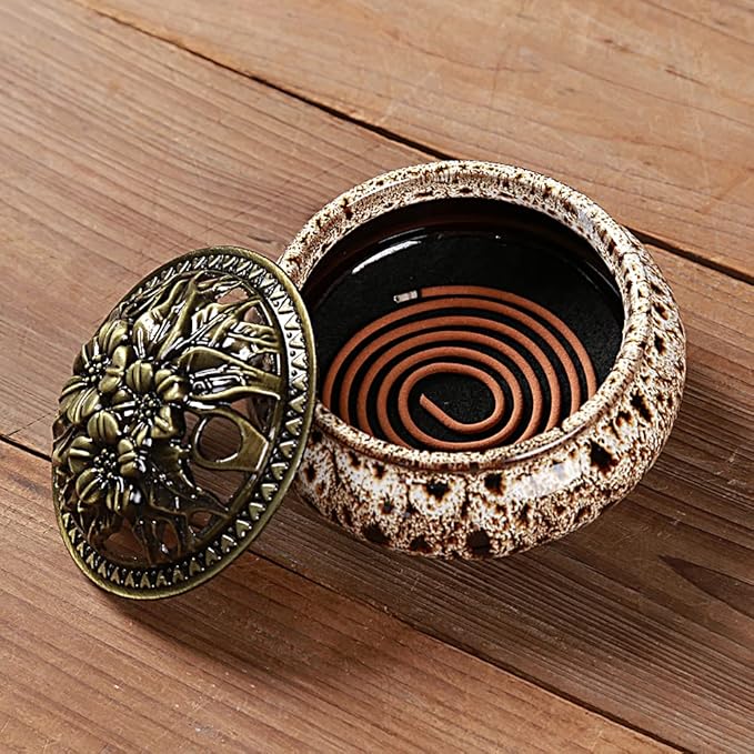 Incense Burner with Calabash Incense Stick Holder - Porcelain Charcoal Censer for Use with Resin Granular Powder Cone or Coil Incense (Fambe Gray) - Bloomnest