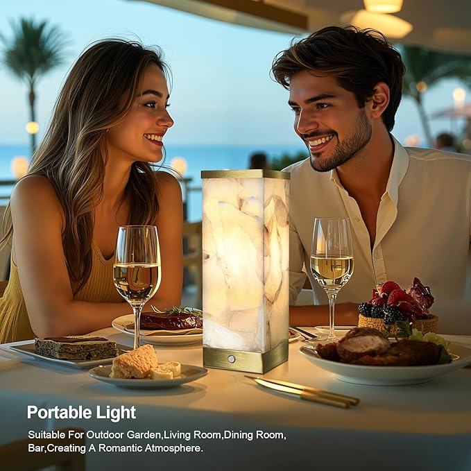 Scenekoy Alabaster Rechargeable Table Lamp for Living Room Bedroom Nightstand, Portable Battery Operated LED Bedside Lamp, Cordless Night Light for Home Office Dorm Desk Decor (Bulb Included) - Bloomnest
