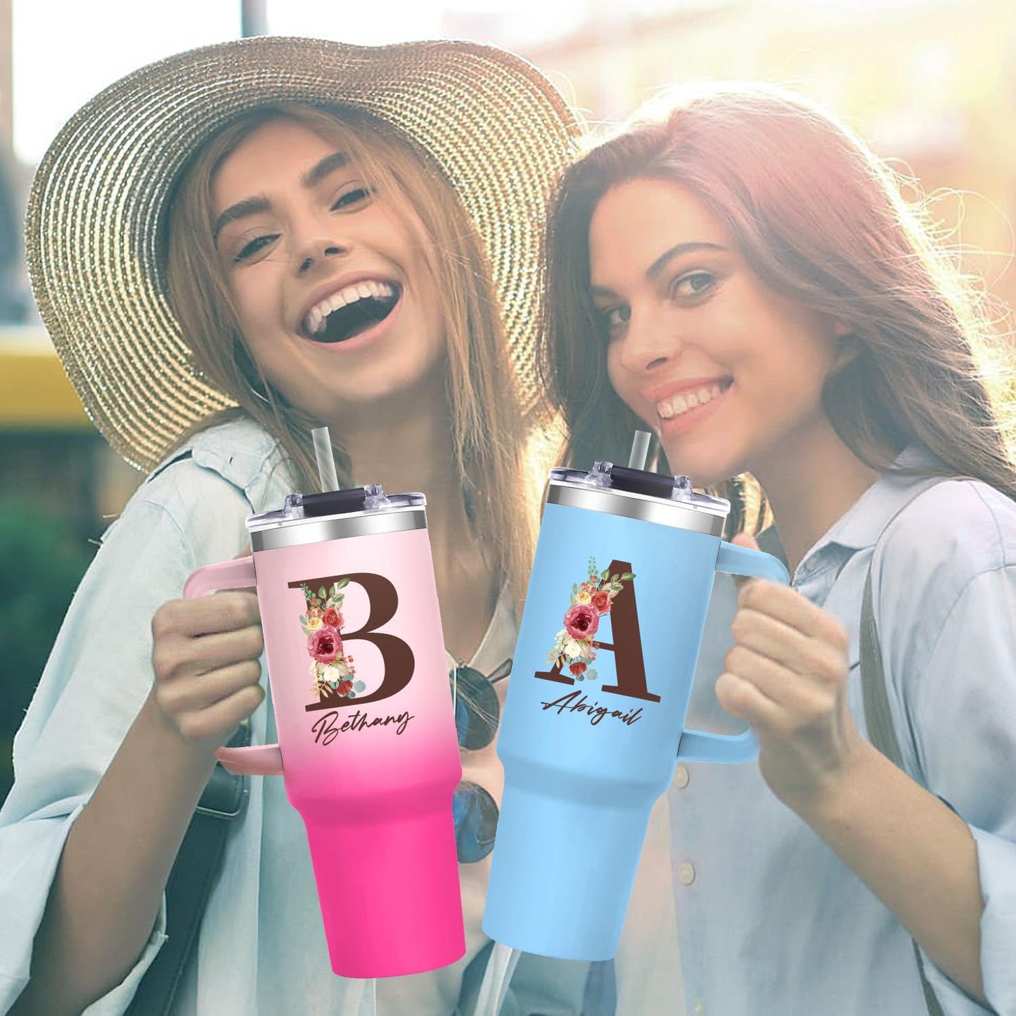 Personalized Gifts for Women - 40oz Customized Initial Floral Tumbler with Name，Monogrammed Flower Cups for Her, Ideal for Birthdays, Mother’s Day, Christmas -Perfect for Office Home Travel,02