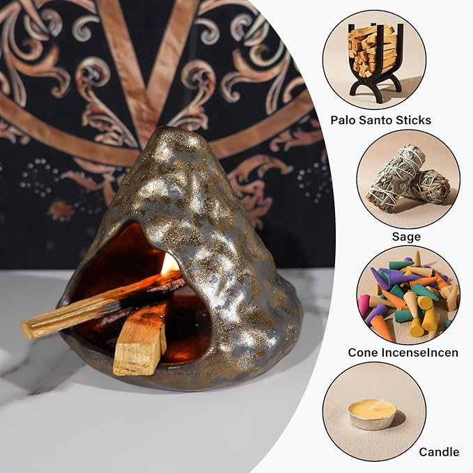 Black Gold Palo Santo Incense Burner-Unique Zongzi-Shaped Clay Smudge Bowl for Sage,Copal, and Stick Incense-Mini Chiminea for Zen Meditation,Yoga,Altar,Aromatherapy & Energy Cleansing Decor MOUGIGI