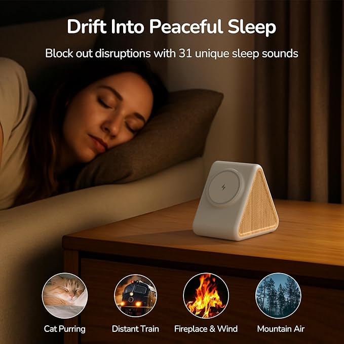 Housbay Sound Machine with Magnetic Wireless Charger for iPhone, 2-in-1 Design for Clutter-Free Nightstand, Dual-Speaker Stereo Sound for Sleeping - White Oak - Bloomnest