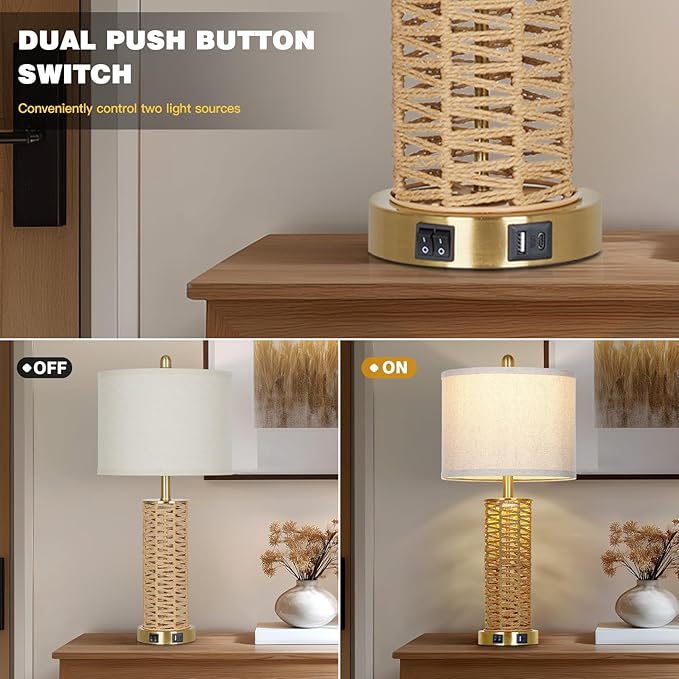 27" Natural Rattan Table Lamps Set of 2, Boho Bedside Lamp for Bedroom with Night Light, Woven Wicker Nightstand Lamps with 2 USB Ports & AC Outlet, Tall Farmhouse Living Room Lamp, Gold - Bloomnest