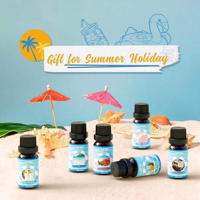 Summer Essential Oils Set, Fragrance Oil Gift Set for Oil Diffusers, Scented Oils for Soap Candle Making 6x10ml - Sea Breeze, Pineapple, Watermelon, Coconut, Pink Beach, and Pina Colada - Bloomnest