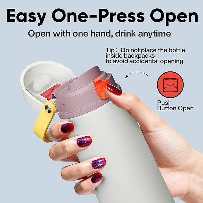 Insulated Water Bottle with Straw - Encool Stainless Steel Water Bottle with Push Button Lid, Leak-Proof & BPA-Free, Keeps Cold for 24 Hours for Sports, Travel, Gym (24 oz, Quill Grey-Red) ENCOOL