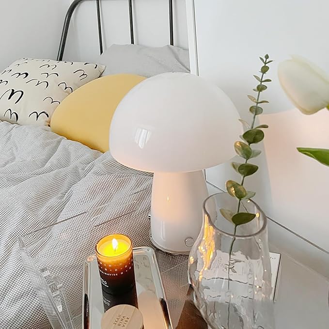 White Small Mushroom Table Lamp,3-Color Temperature Glass Desk Light,Bauhaus Decorative Nightstand Lamp,Vintage Style Table Light for Living Room Office - Bloomnest