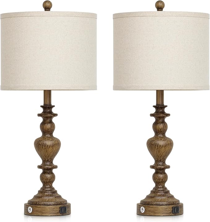 27" Vintage Table Lamps Set of 2, Farmhouse Resin Bedside Lamp with USB C+A Ports & AC Outlet, 3-Way Dimmable Touch Control Lamps for Living Room Bedroom Nightstand Antique Brown Washed Wooden Finish - Bloomnest
