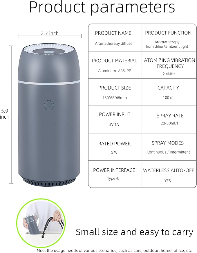 Portable Mini Ultrasonic Essential Oil Diffuser - 100ml USB Aromatherapy Humidifier with 7-Color LED Lights, Upgraded Aluminum Alloy Shell for Home, Office, Bedroom, Car & Small Spaces (Grey) - Bloomnest