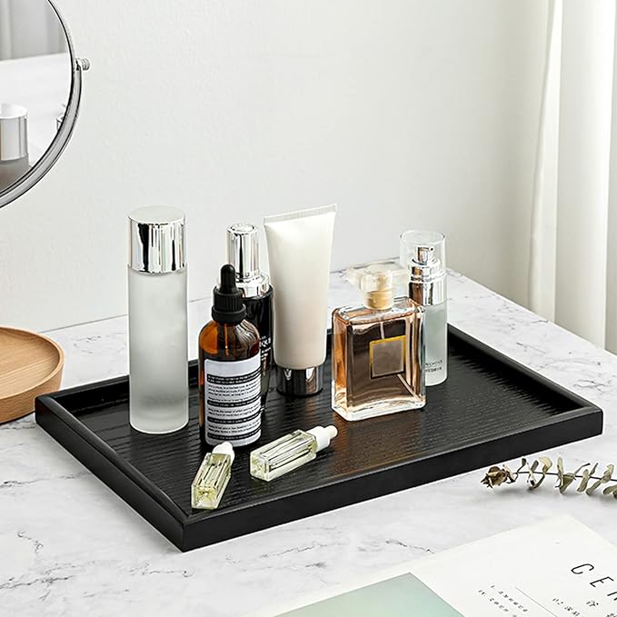 16 x 11 Inches Extra Large Solid Wood Serving Tray for Tea Coffee Table Snack Food Meals Serving Plate Kitchen Party Bar Breakfast Server with Raised Edges Black Wooden Decorative Ottoman Tray - Bloomnest