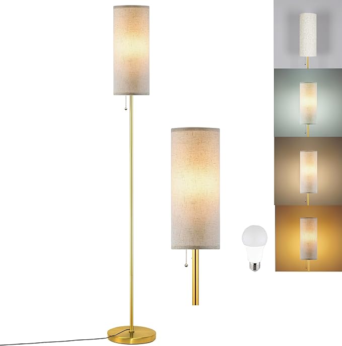 Modern Floor Lamp for Living Room, Gold Standing Lamps with 3 Color Temperatures Bulb, Minimalist Tall Lamp with Chain Switch for Bedroom, LED Bulb Included(Beige Shade+Gold) - Bloomnest