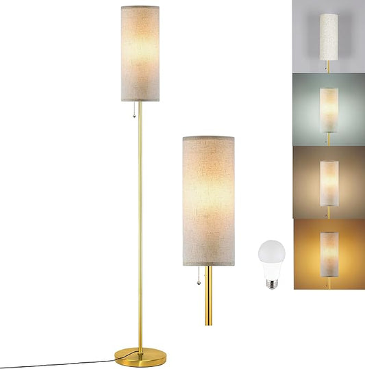 Modern Floor Lamp for Living Room, Gold Standing Lamps with 3 Color Temperatures Bulb, Minimalist Tall Lamp with Chain Switch for Bedroom, LED Bulb Included(Beige Shade+Gold) - Bloomnest