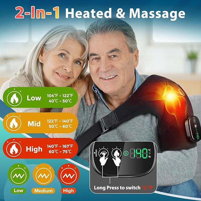 Cordless Shoulder Heating Pad with Massage, Shoulder Massager for Pain Relief, Heated Shoulder Wrap, 3 Heat & 3 Massage Modes, Rotator Cuff Shoulder Brace - Bloomnest