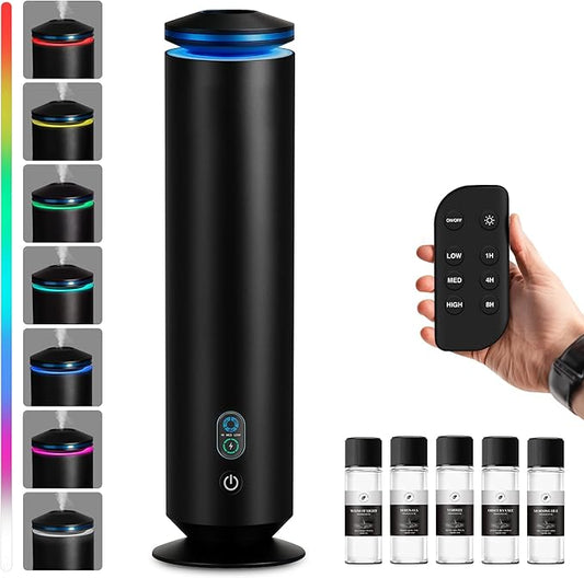 Waterless Scent Diffuser Starter Kit - 1500 Sq Ft Coverage, Scent Diffuser for Home, Hotel, Studio, Essential Oil Diffuser Large Room, 7 Mood Lights Setting, 5 Essential Oils Included, Black, 11.50In - Bloomnest
