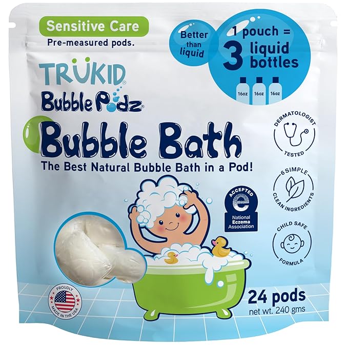 TruKid Bubble Podz Bubble Bath for Kids, Toddlers, & Babies, NEA-Accepted for Eczema, Gentle Refreshing Colloidal Oatmeal Bath Bomb for Sensitive Skin, pH Balanced, Tear Free, Unscented (24 Podz) - Bloomnest